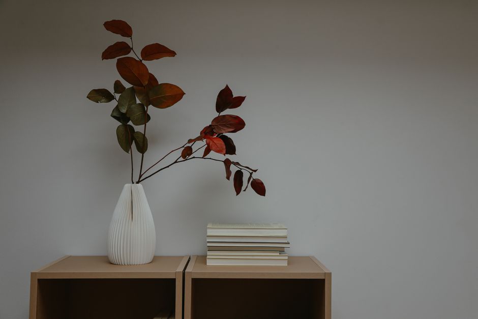Strakke boekenkast met weinig decoratie en pompoen.